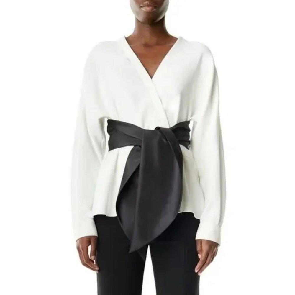 NWT Tibi Chalky Drape Dolman Sleeve Tie Waist Top Ivory Black Size 0‎